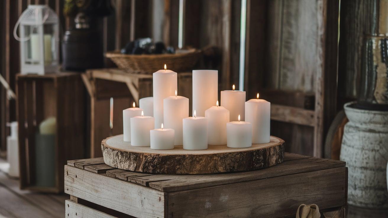 A_Rustic_Wooden_Slab_with_White_Candles