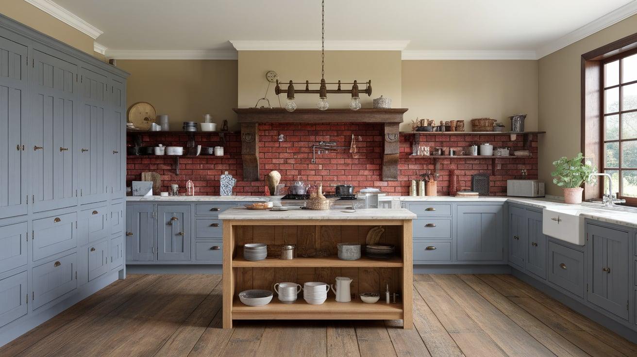 Gray_Shaker_Cabinets_With_Red_Brick_Backsplash