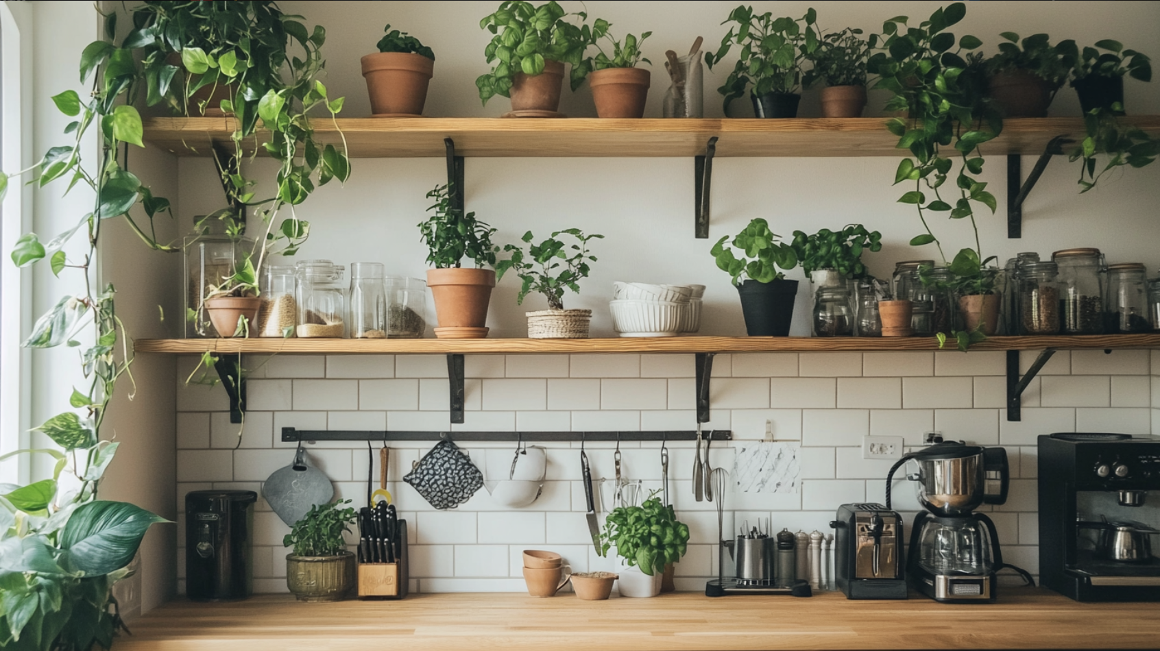 Natural_Wood_Floating_Shelves_with_Hanging_Plants