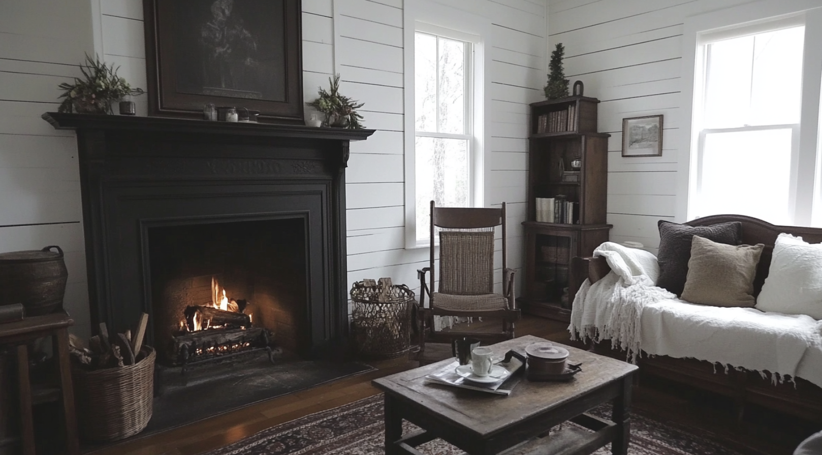 White_Farmhouse_Living_Room_With_Black_Shiplap_Wall