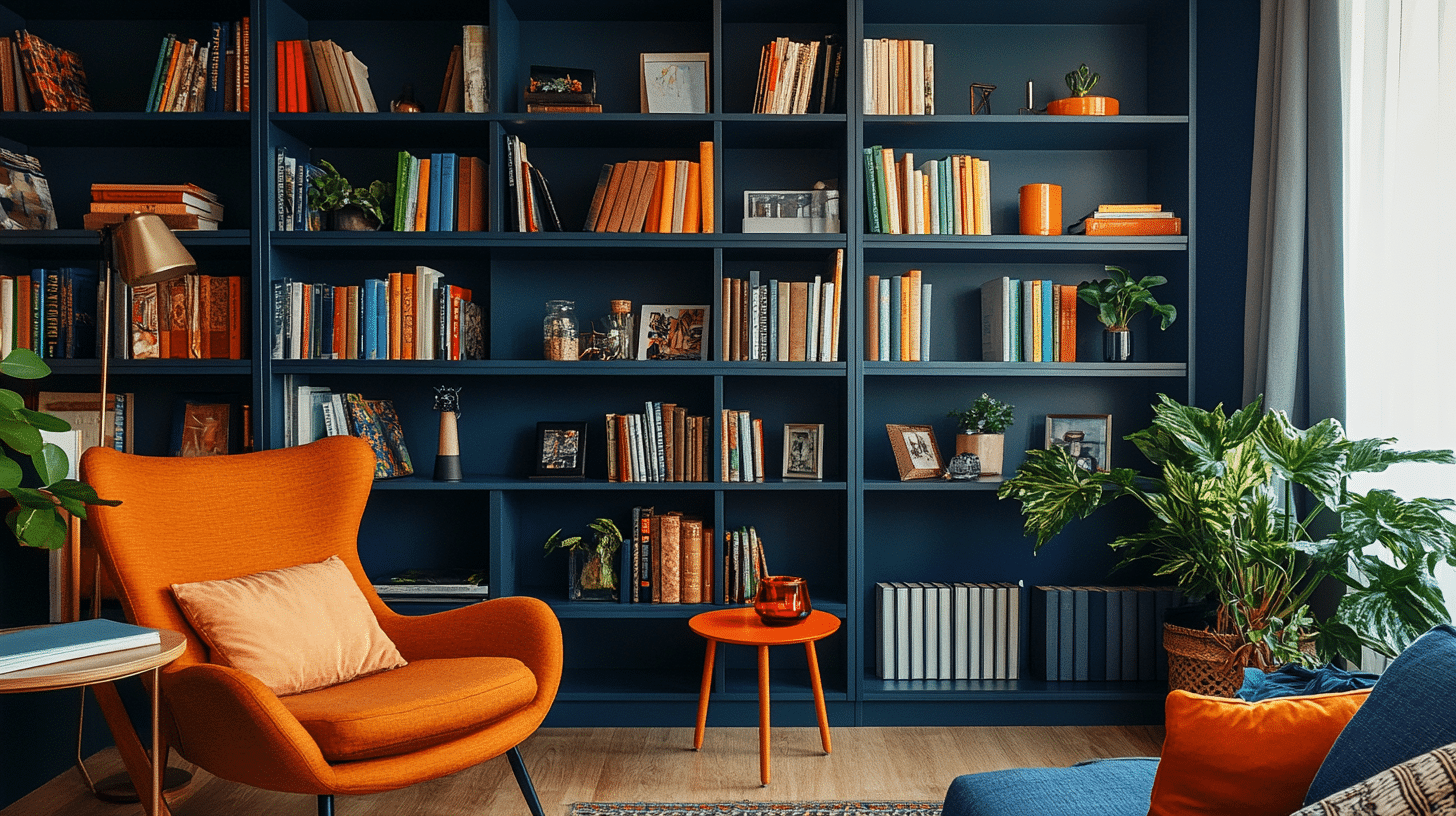 Navy_Bookshelves_with_Orange_Decor_Accents