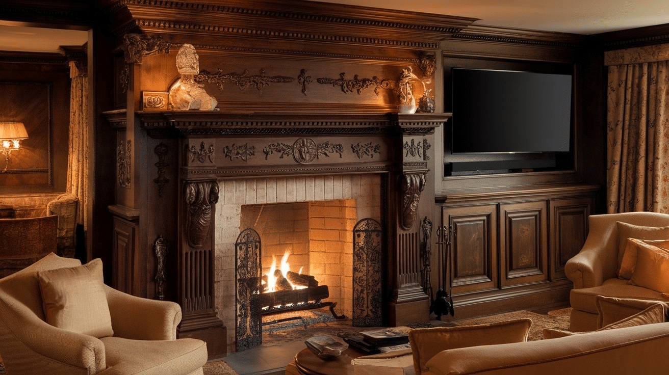 N-14_Antique_Wood_Fireplace_and_TV