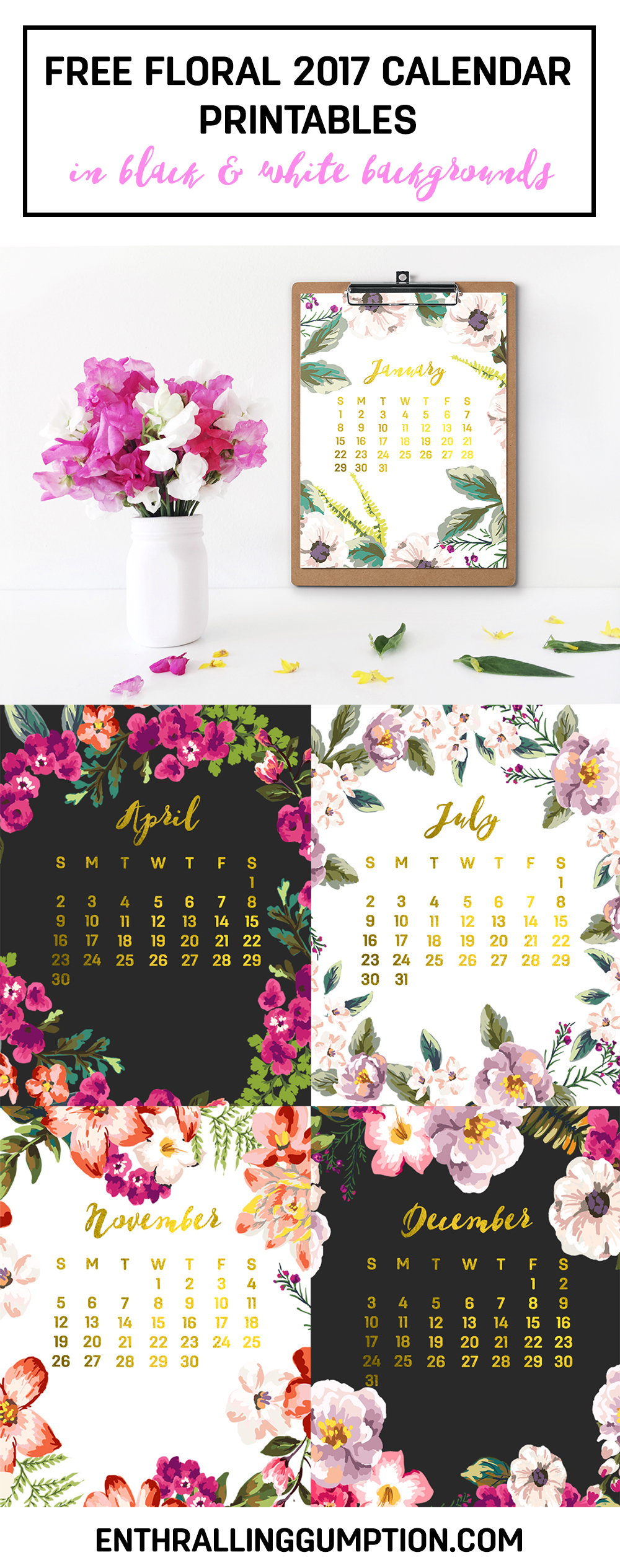 Free Floral 2017 Calendar Printables | Enthralling Gumption