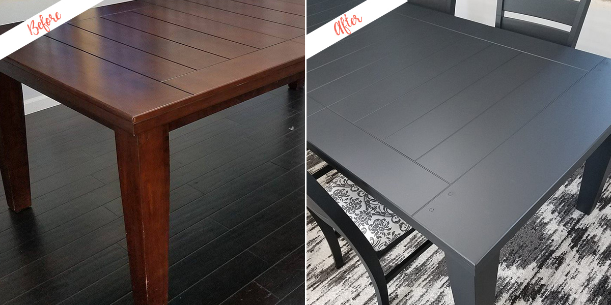 Comparison photos showcasing the stunning makeover of a black dining table