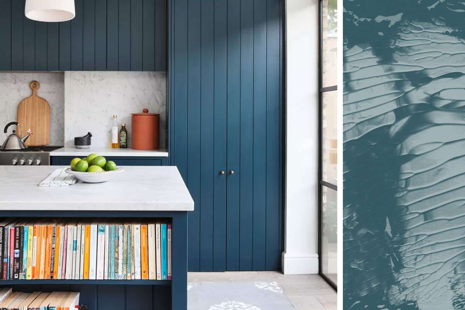  A kitchen with blue cabinets and a bookshelf. Clare Deep Dive