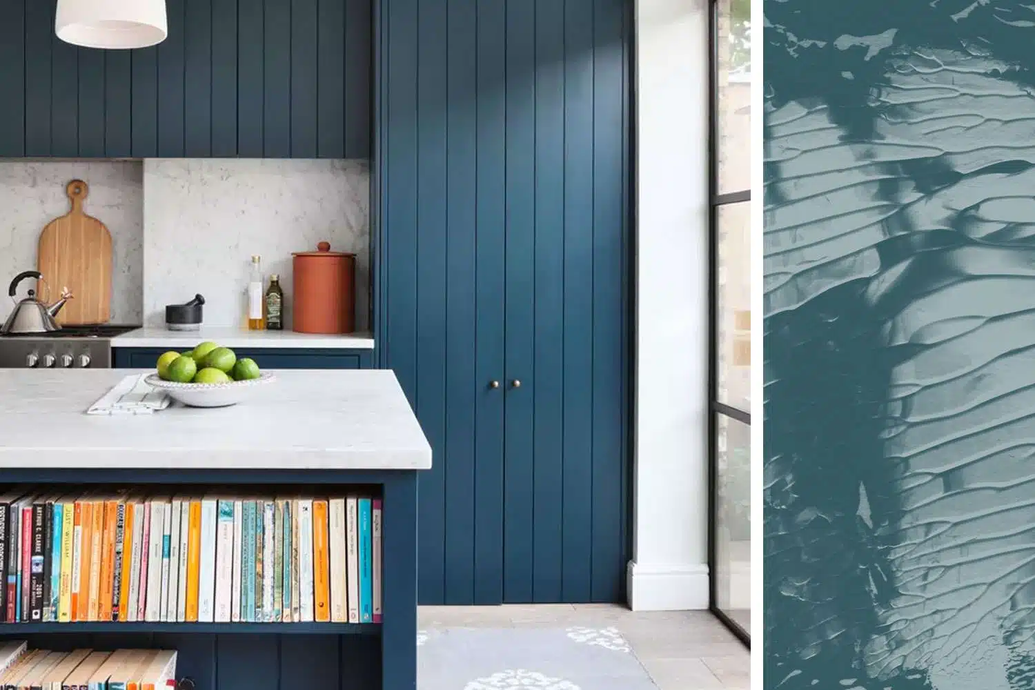 A kitchen with blue cabinets and a bookshelf. Clare Deep Dive
