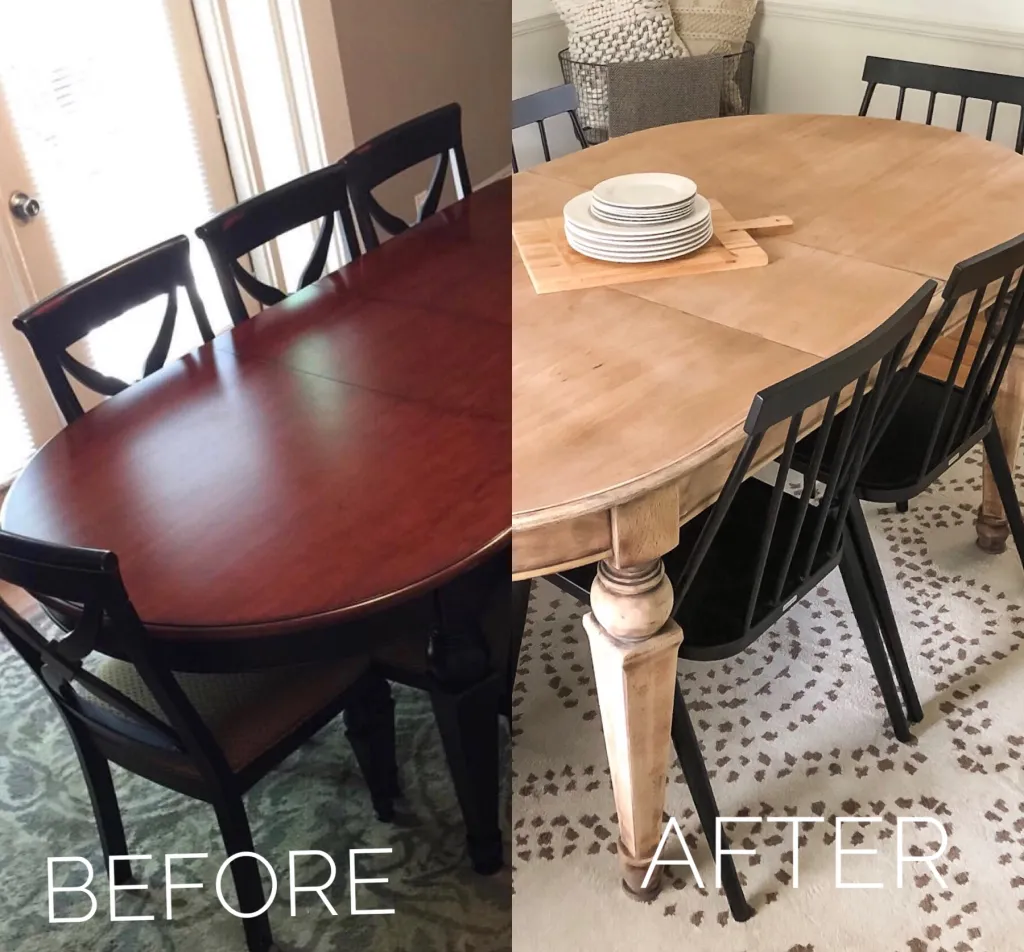 Before and after photos of a dining room table transformation, showcasing the 'Go Raw' concept