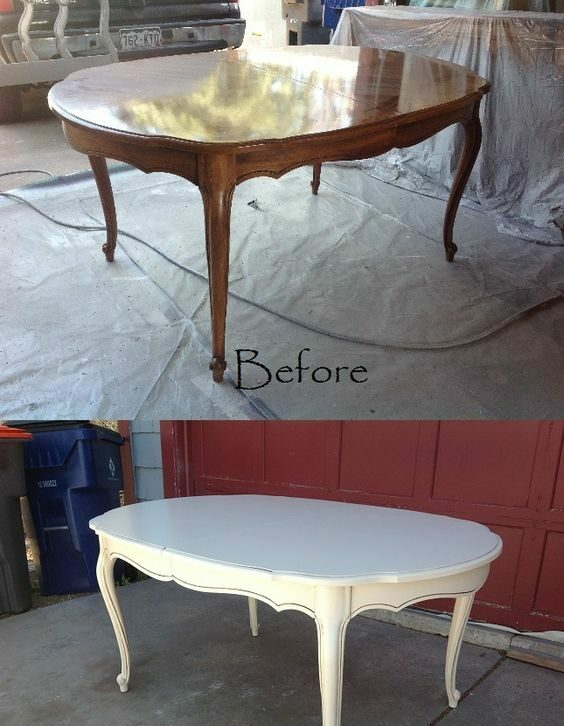 A white table before and after refurbishment, showcasing the transformation of an old French table
