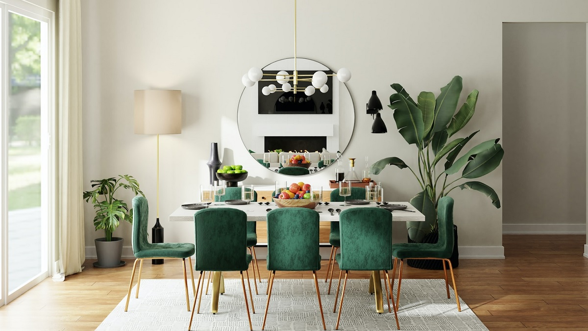 A stylish dining room with green chairs and a white table. Enhance your dining experience with a revamped table set