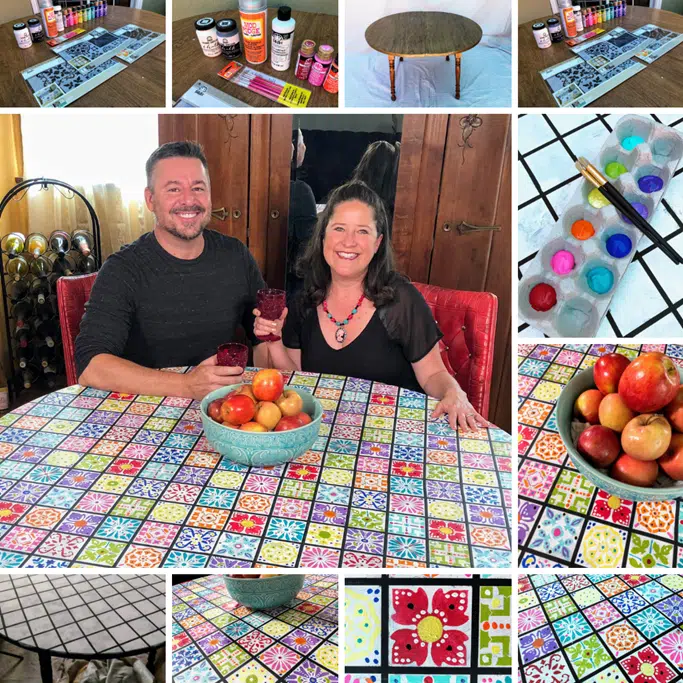 A table with a stenciled tile design, adding a decorative touch to the surface