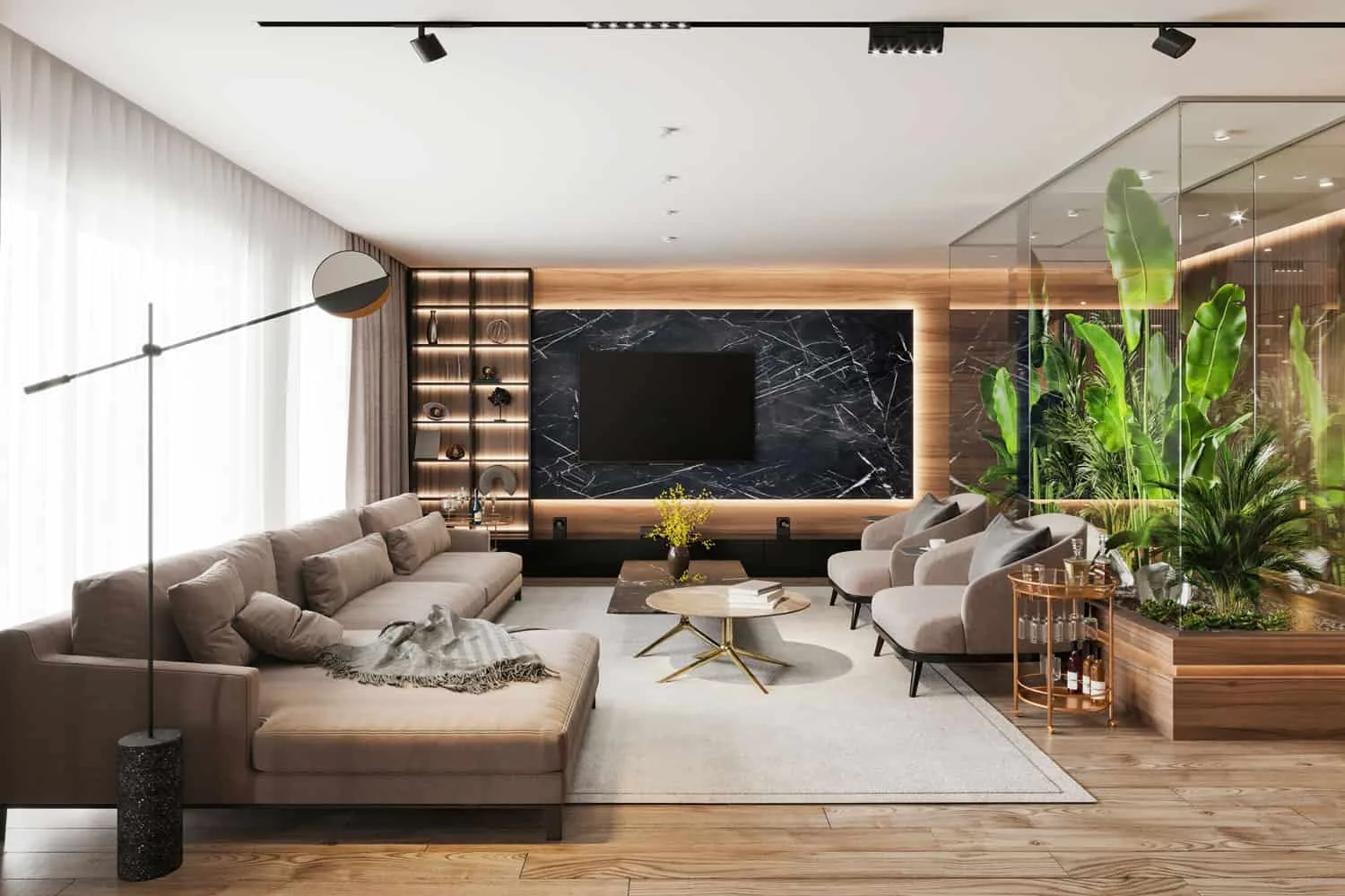 Brown-sectional-sofa-with-brown-throw-pillows-and-wooden-flooring