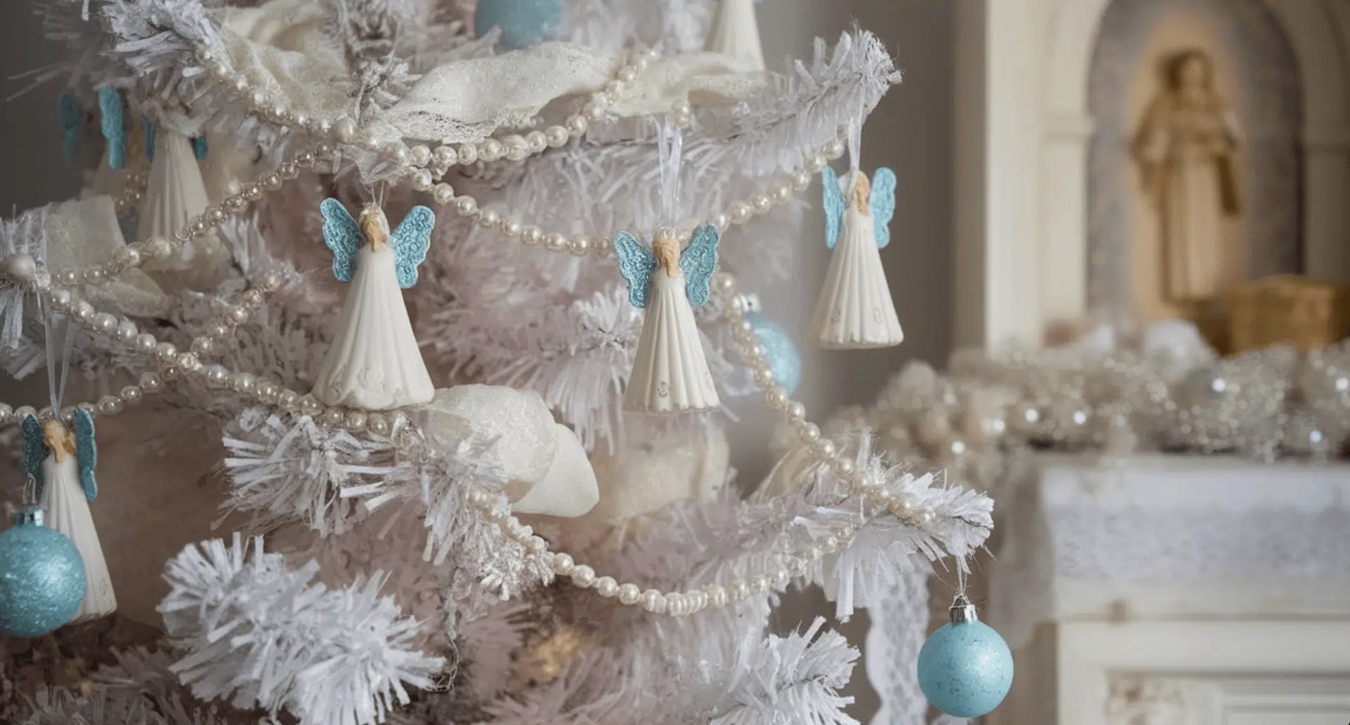 Blue Angel Ornaments and White Lace Ribbons
