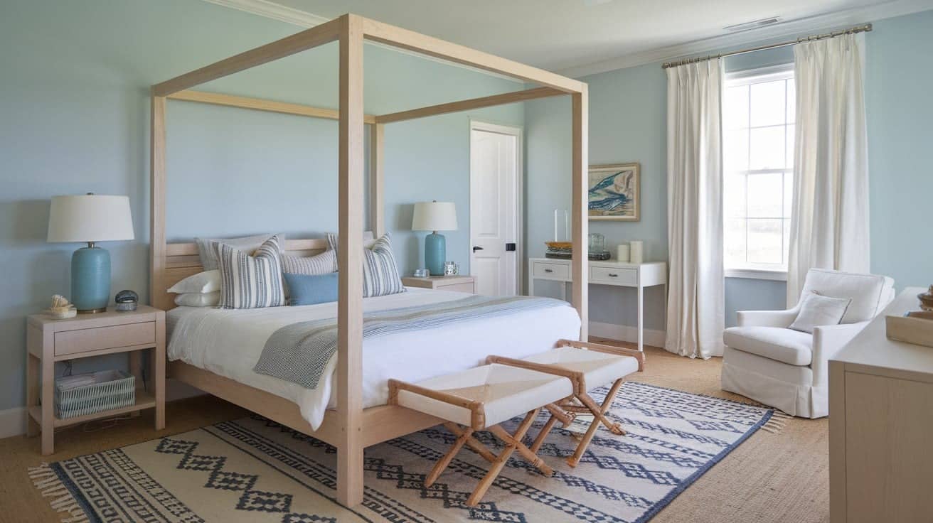 Coastal Bedroom with a Wooden Bed Frame