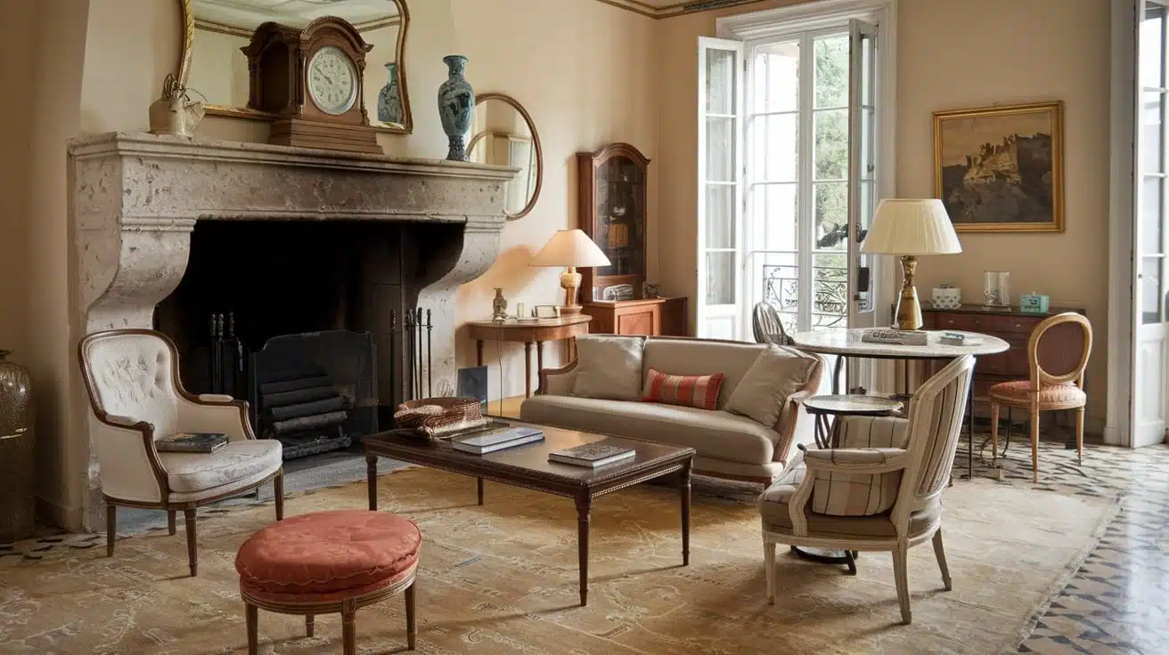 French Living Room with a Fireplace Mantel