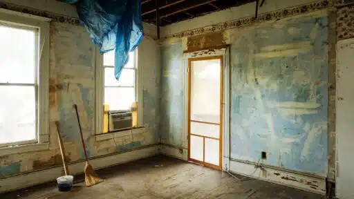 Free An empty room in an abandoned house with peeling walls and construction tools. Stock Photo