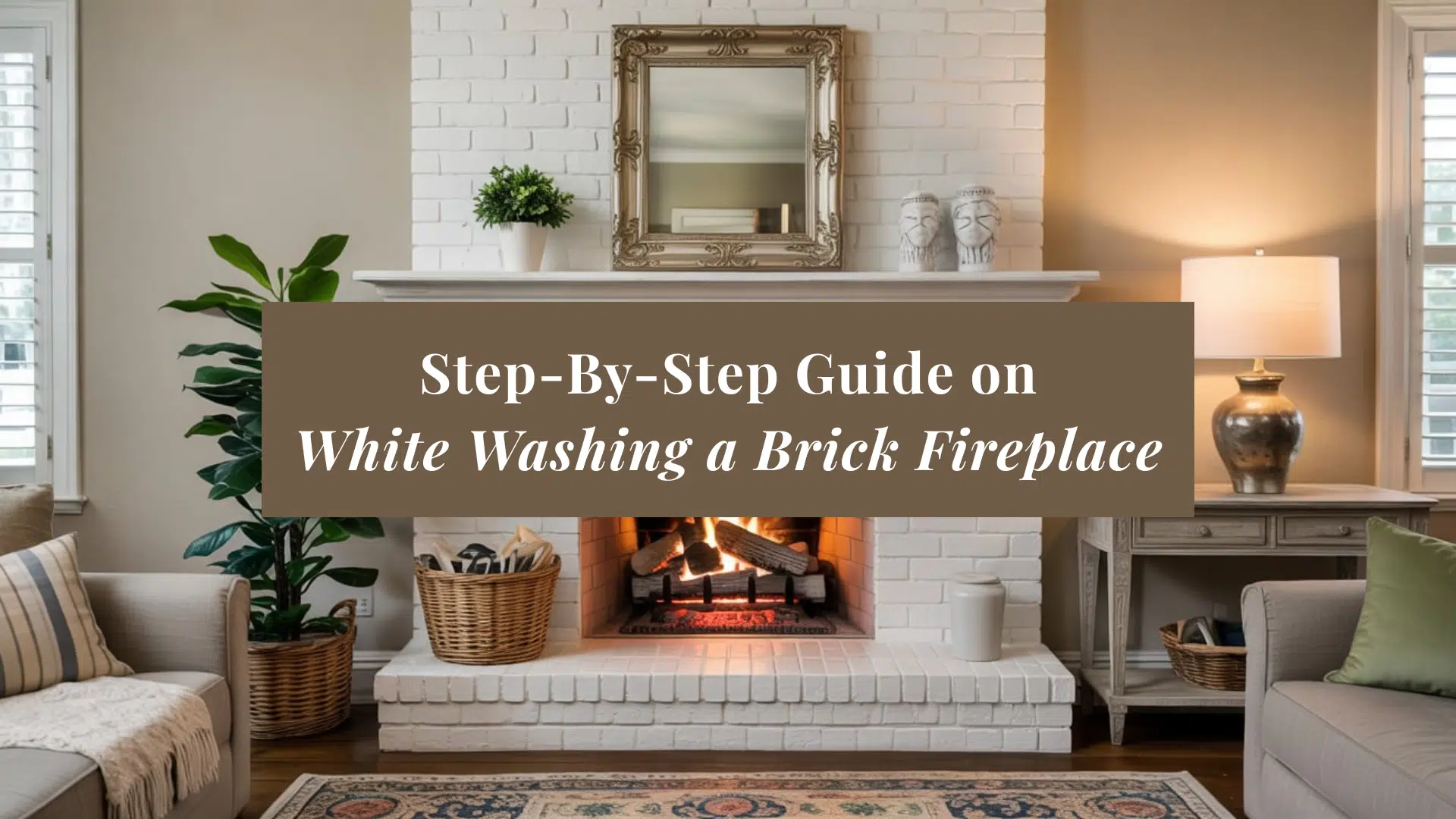 white wash brick fireplace