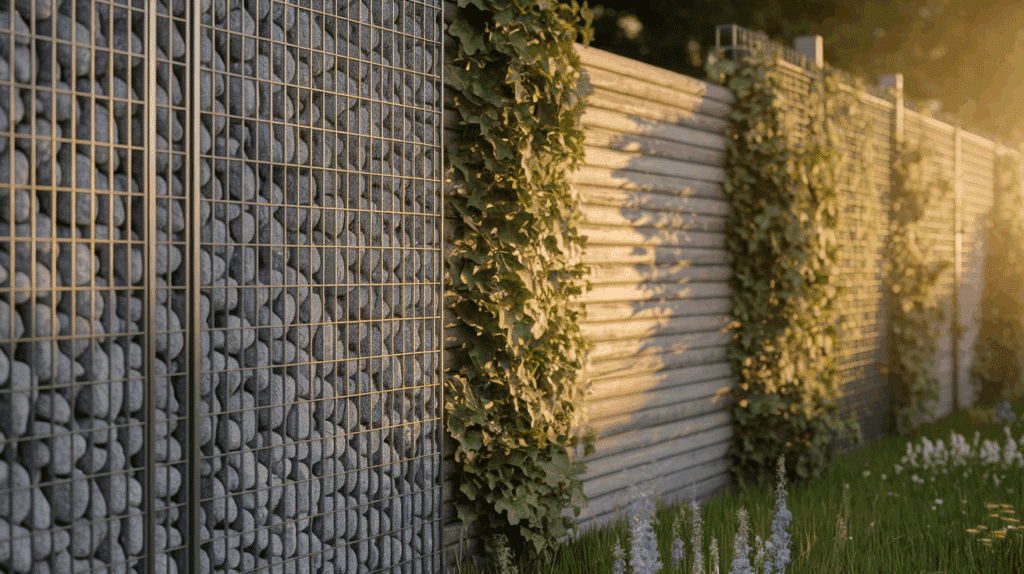 Gabion Wall and Wood Combo Fence