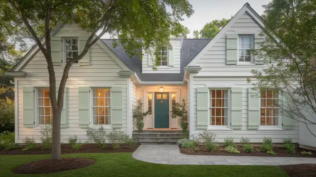 White with Pastel Green Shutters