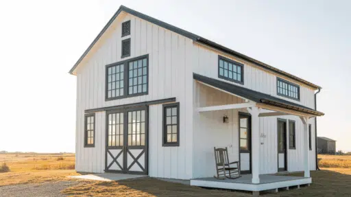 white barndominium with black trim