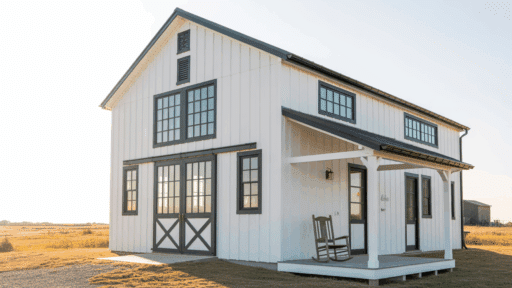 white barndominium with black trim