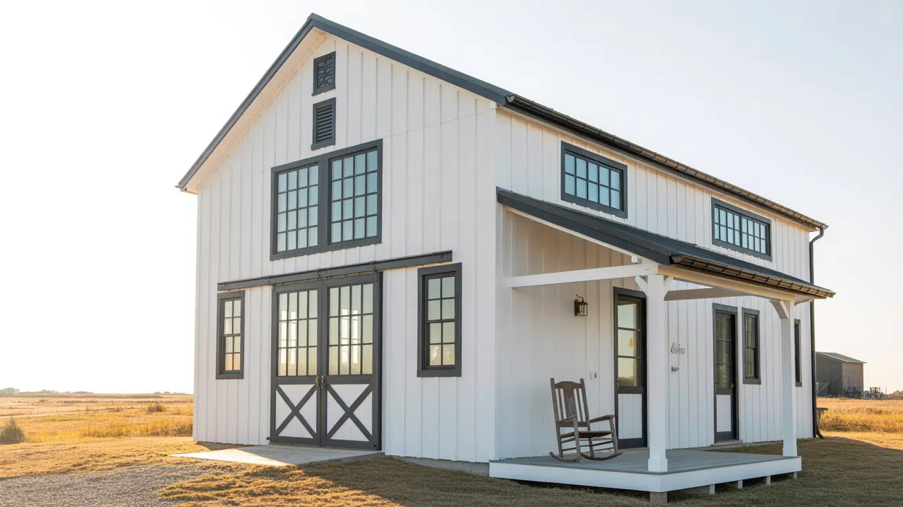 white barndominium with black trim