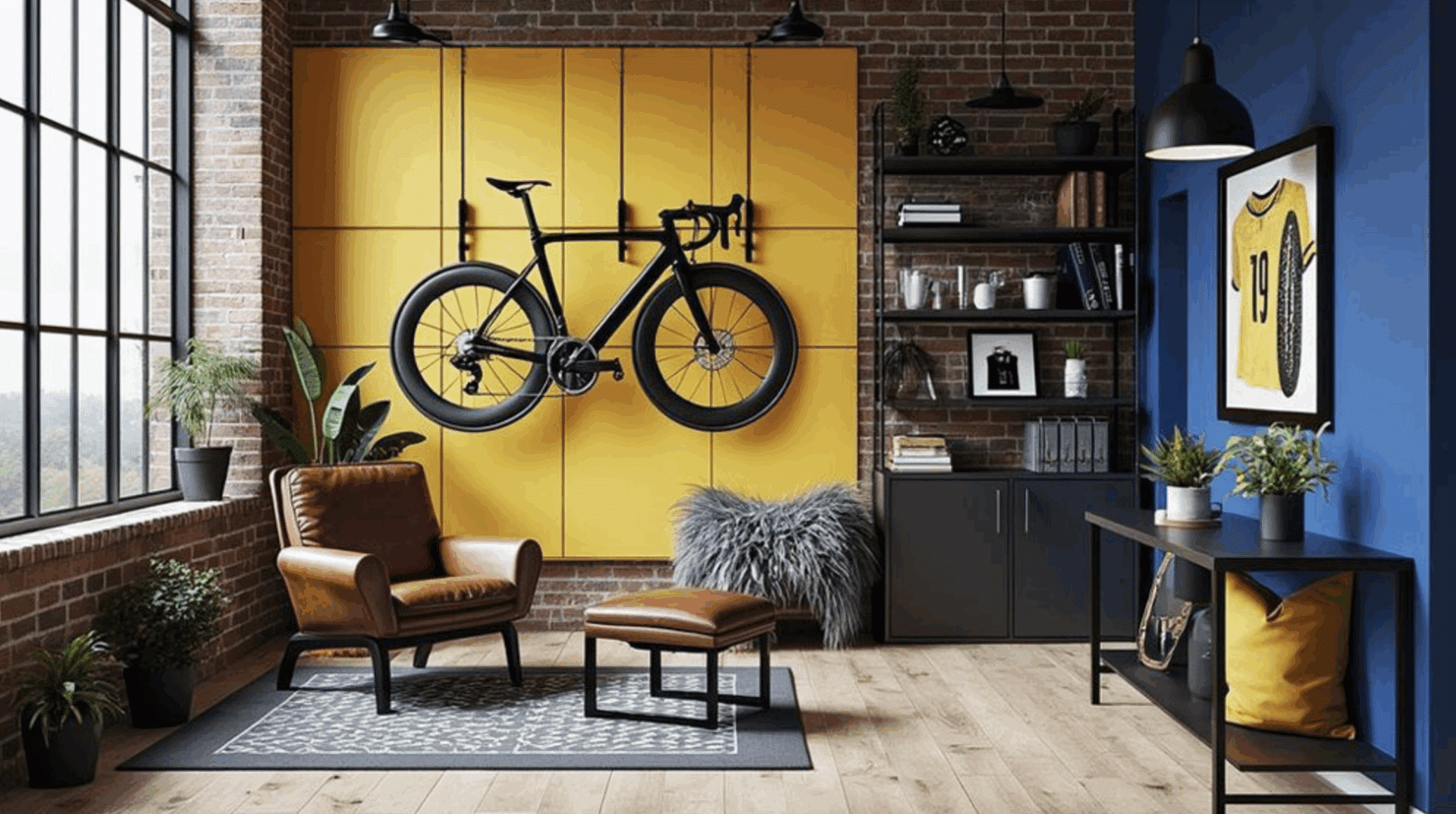 cycling-themed living room with wall-mounted bike