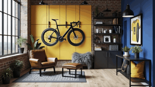 cycling-themed living room with wall-mounted bike