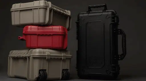stacked hard protective equipment cases in different colors