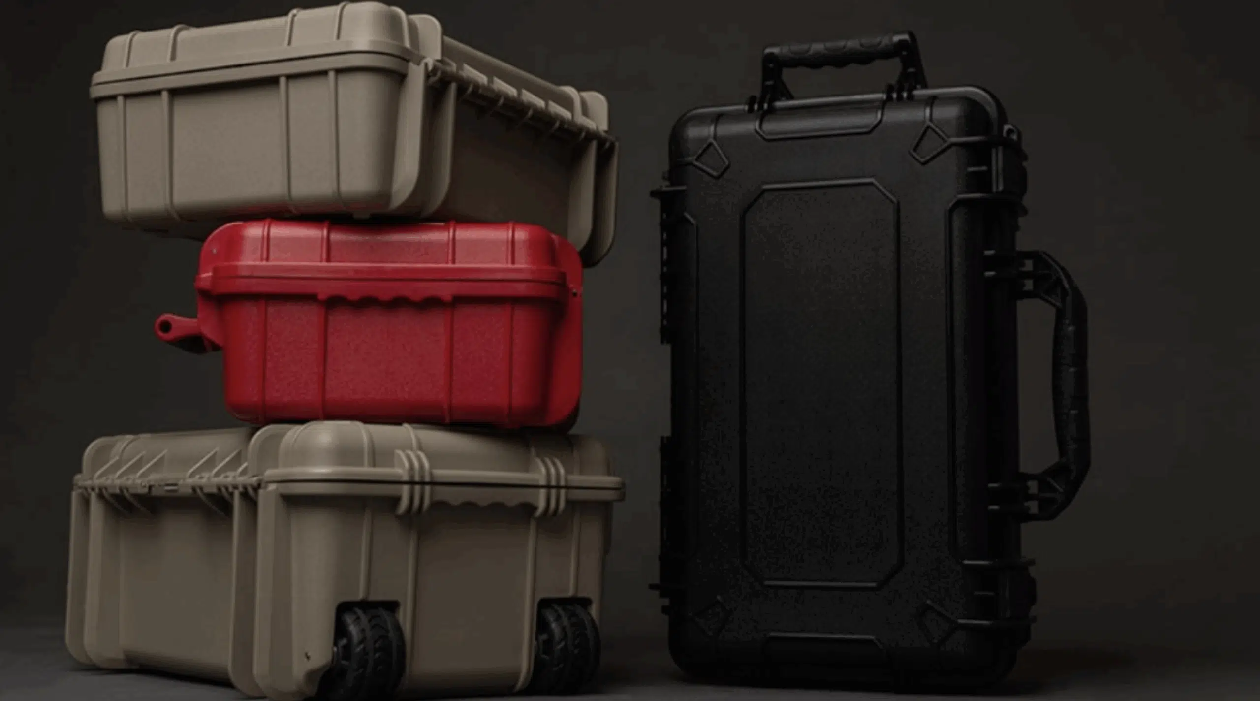 stacked hard protective equipment cases in different colors