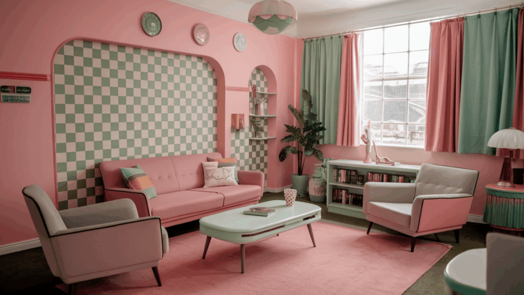 1950s-Diner-Pink-with-Retro-Green-Checkers