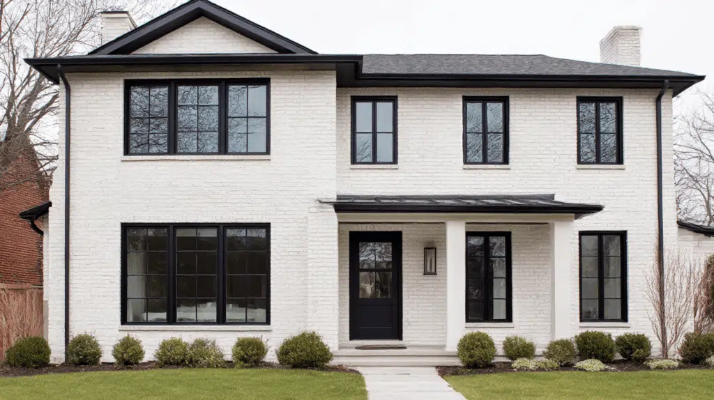 A flat-roof white home with large black-framed windows
