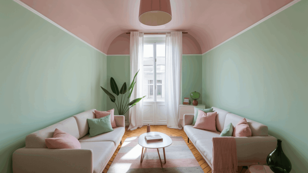 Blush-Pink-Ceiling-with-Mint-Green-Walls