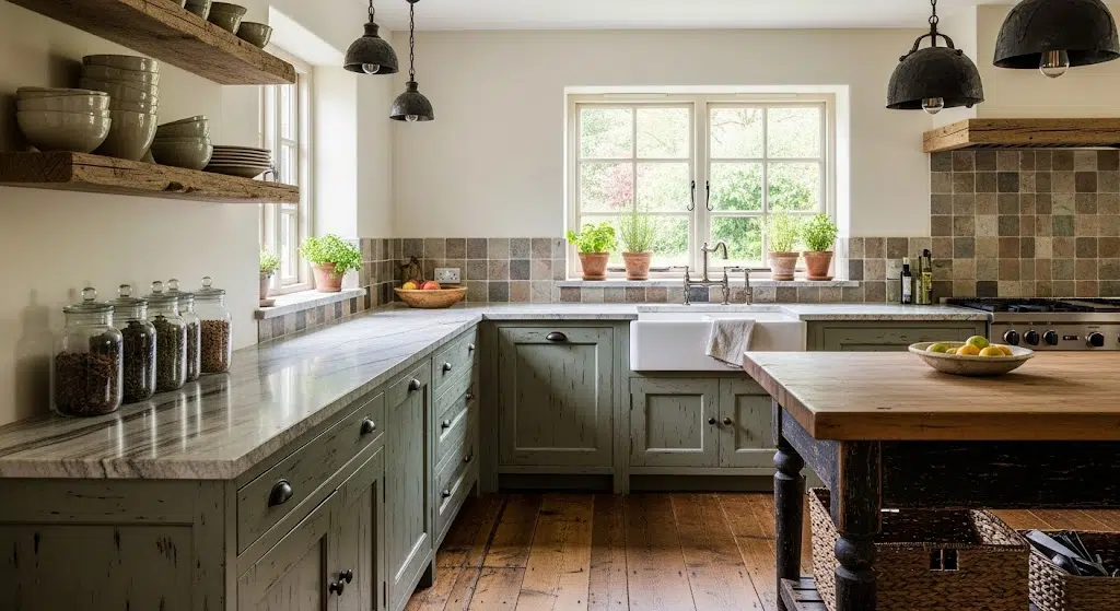 Distressed-Sage-with-Stone-Countertops