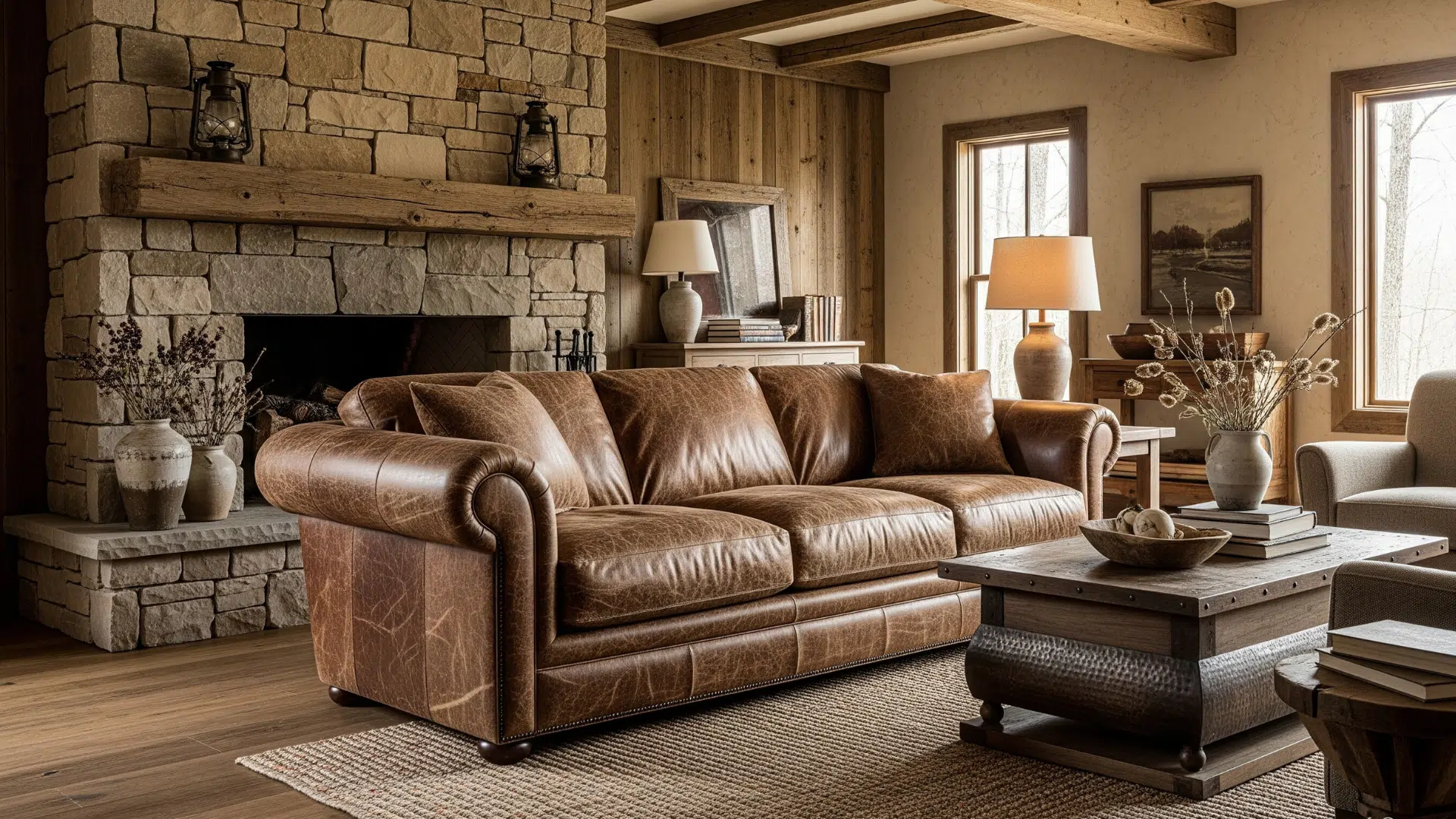 Distressed Leather Sofa in Living Room
