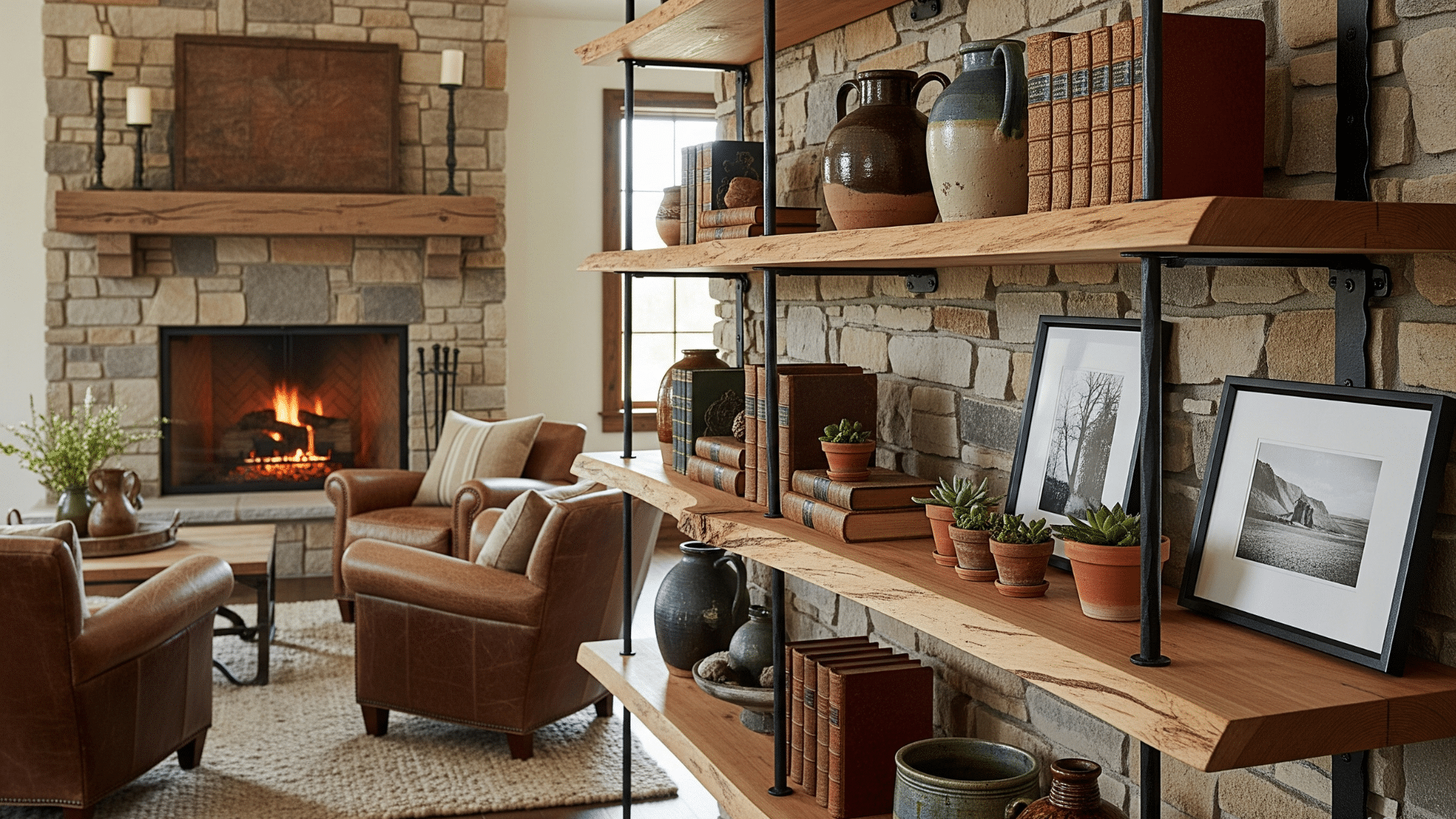 Open Shelving with Live Edge Wood