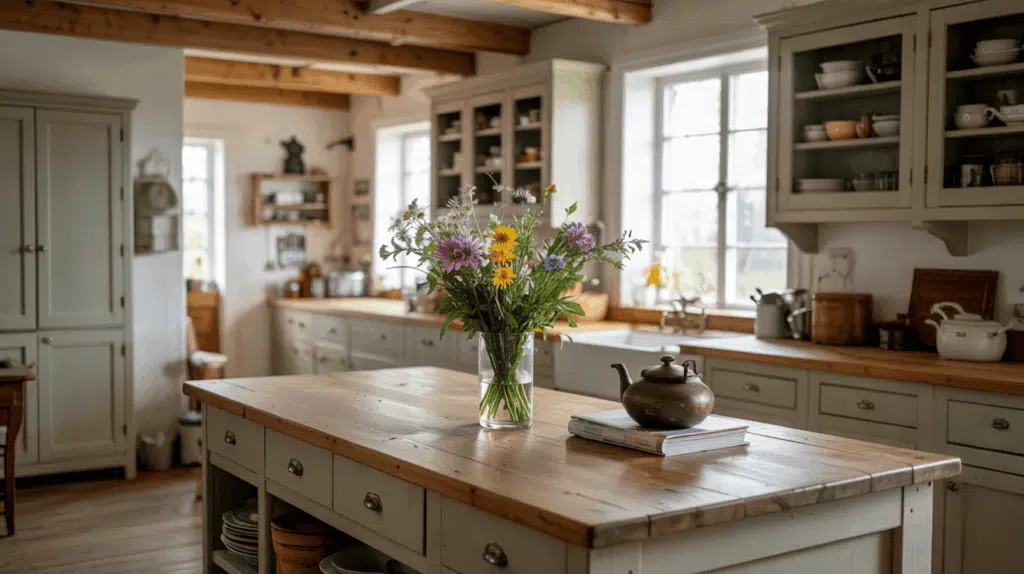 Pine Ceiling Over Sage Cabinetry