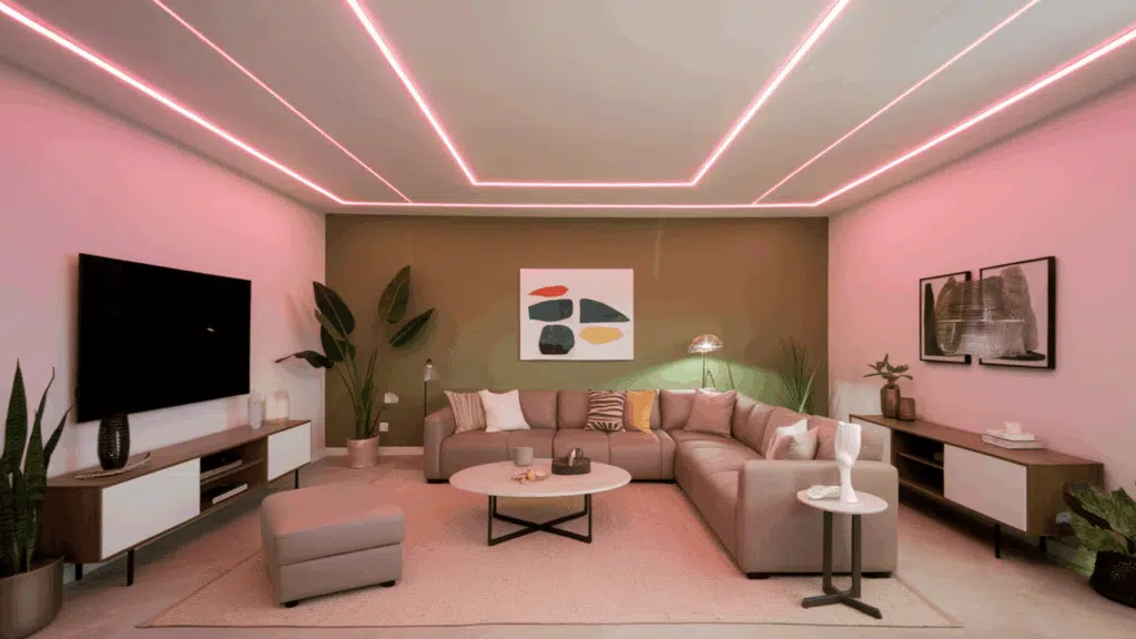 Pink-LED-Strips-with-Green-Accent-Wall