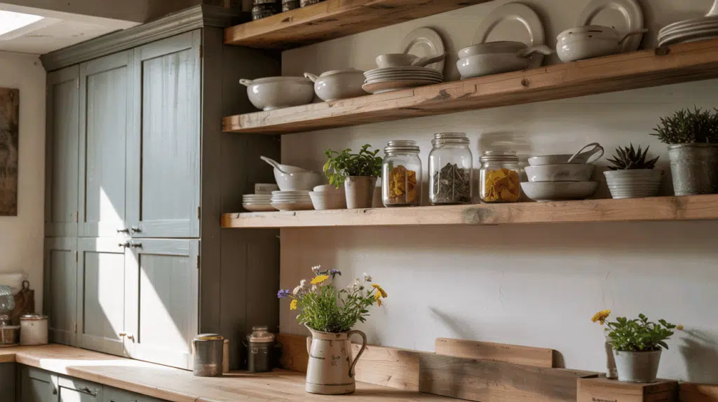 Reclaimed Wood Shelving and Sage Lowers