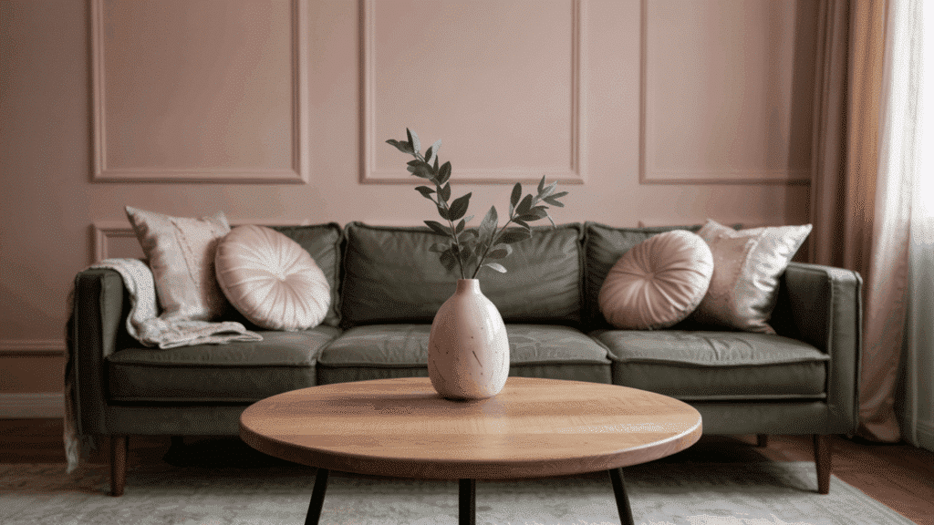 Rose-Quartz-Walls-with-Olive-Green-Furniture