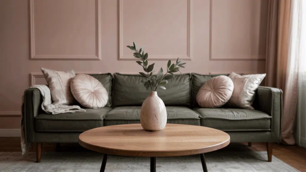 Rose-Quartz-Walls-with-Olive-Green-Furniture