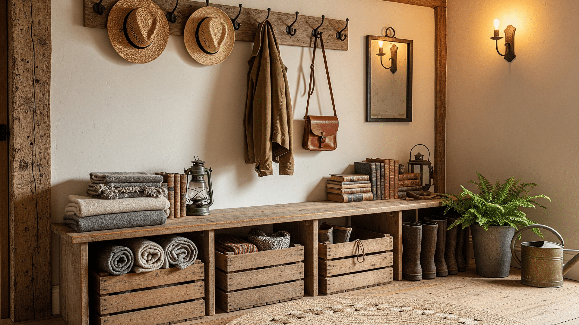 Rustic Entryway Bench with Storage Crates
