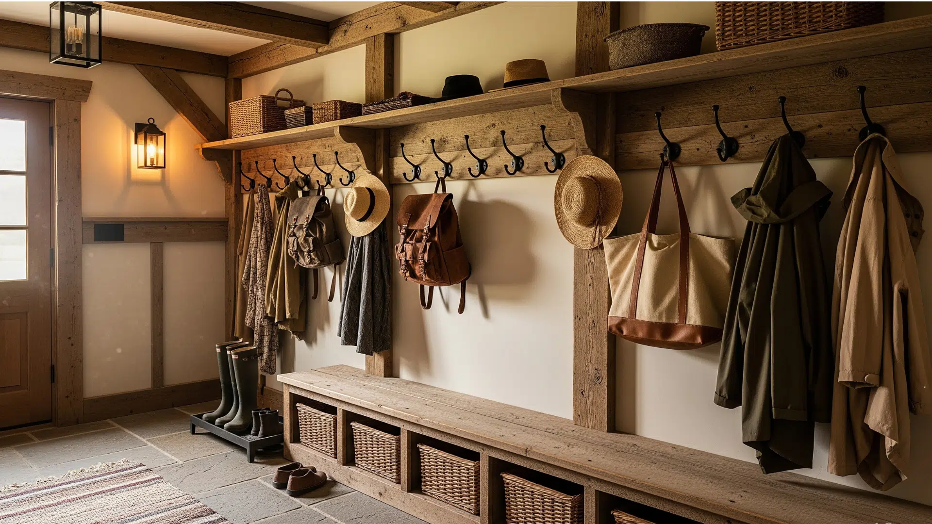 Rustic Mudroom with Hook Storage