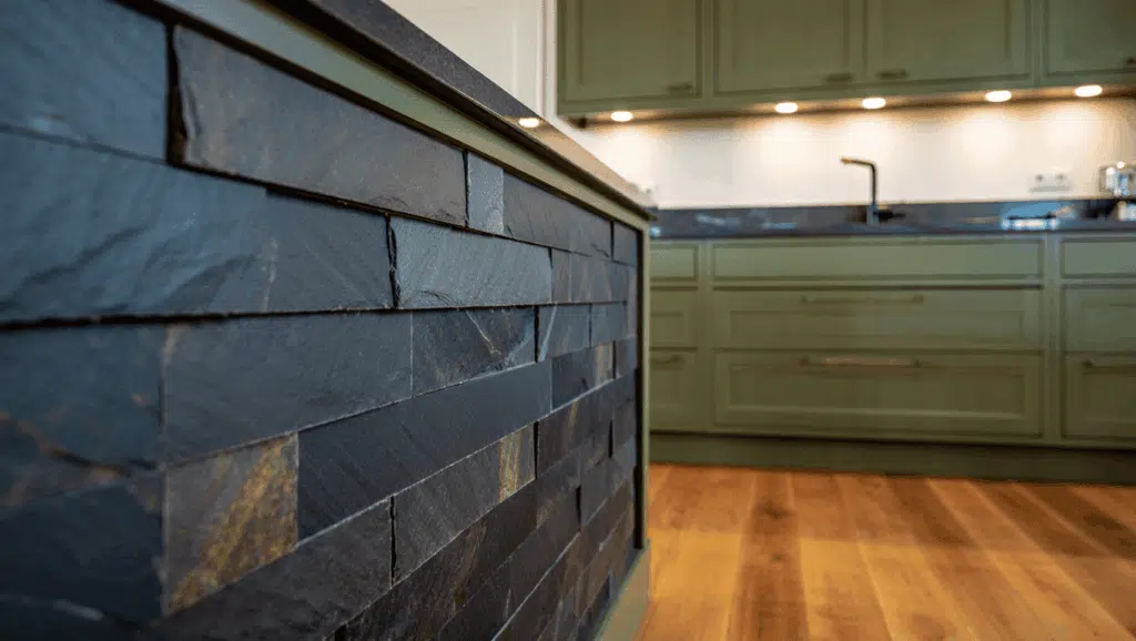 Slate Backsplash and Sage Cabinets