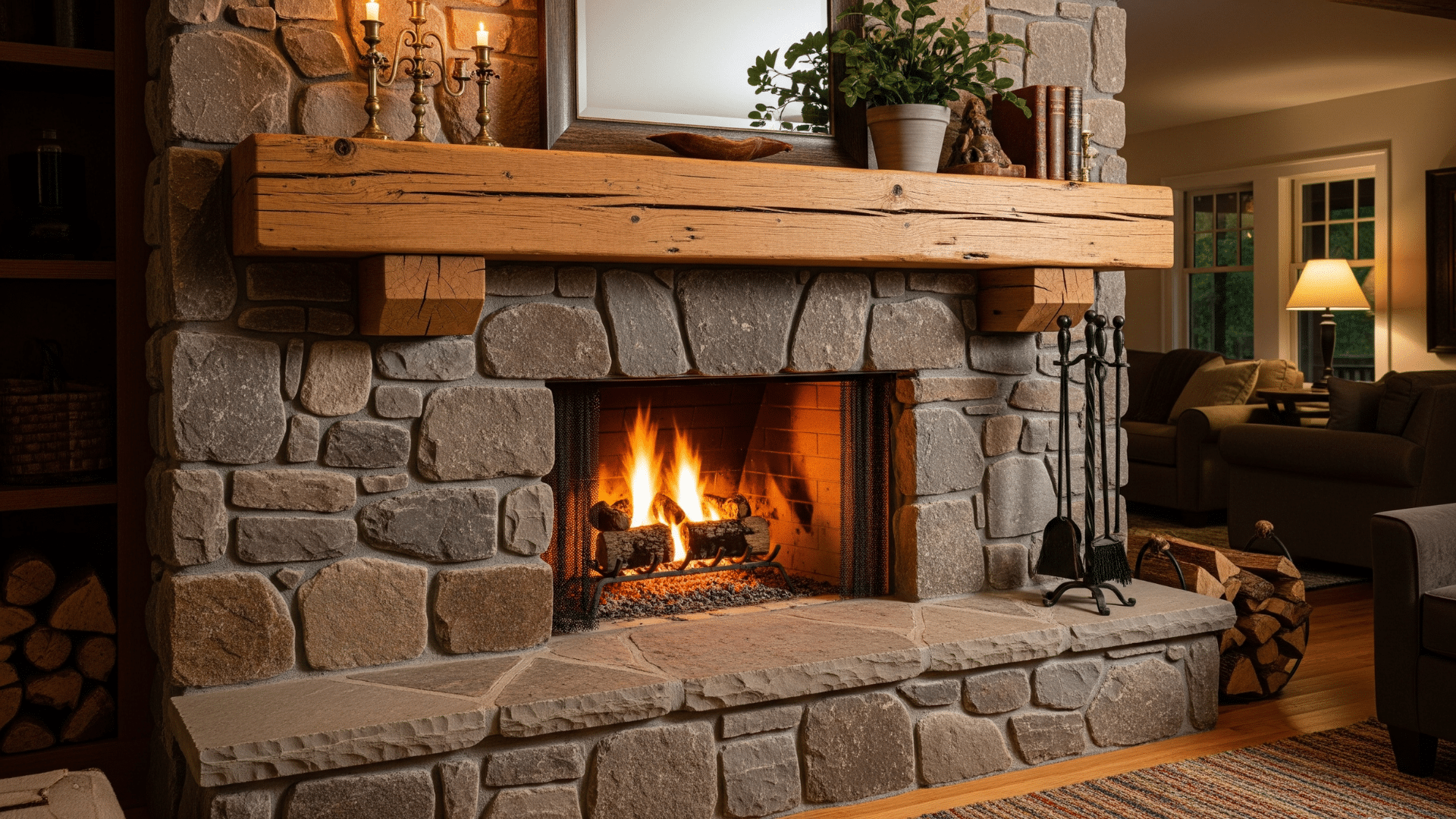 Stone Fireplace with Timber Mantel
