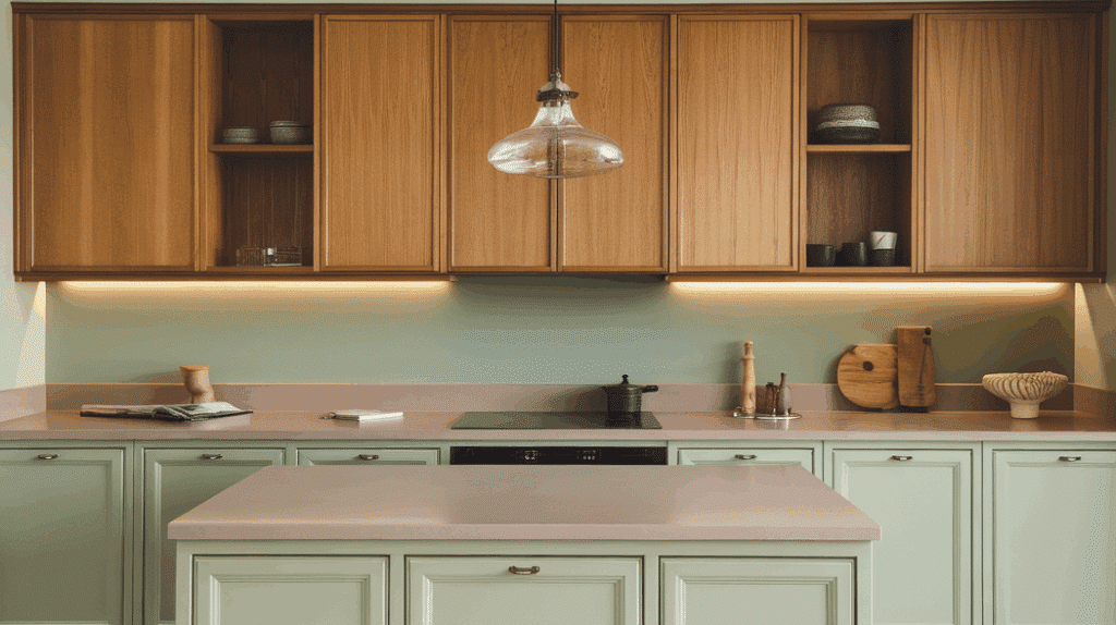 Two-Tone Cabinets in Sage and Wood
