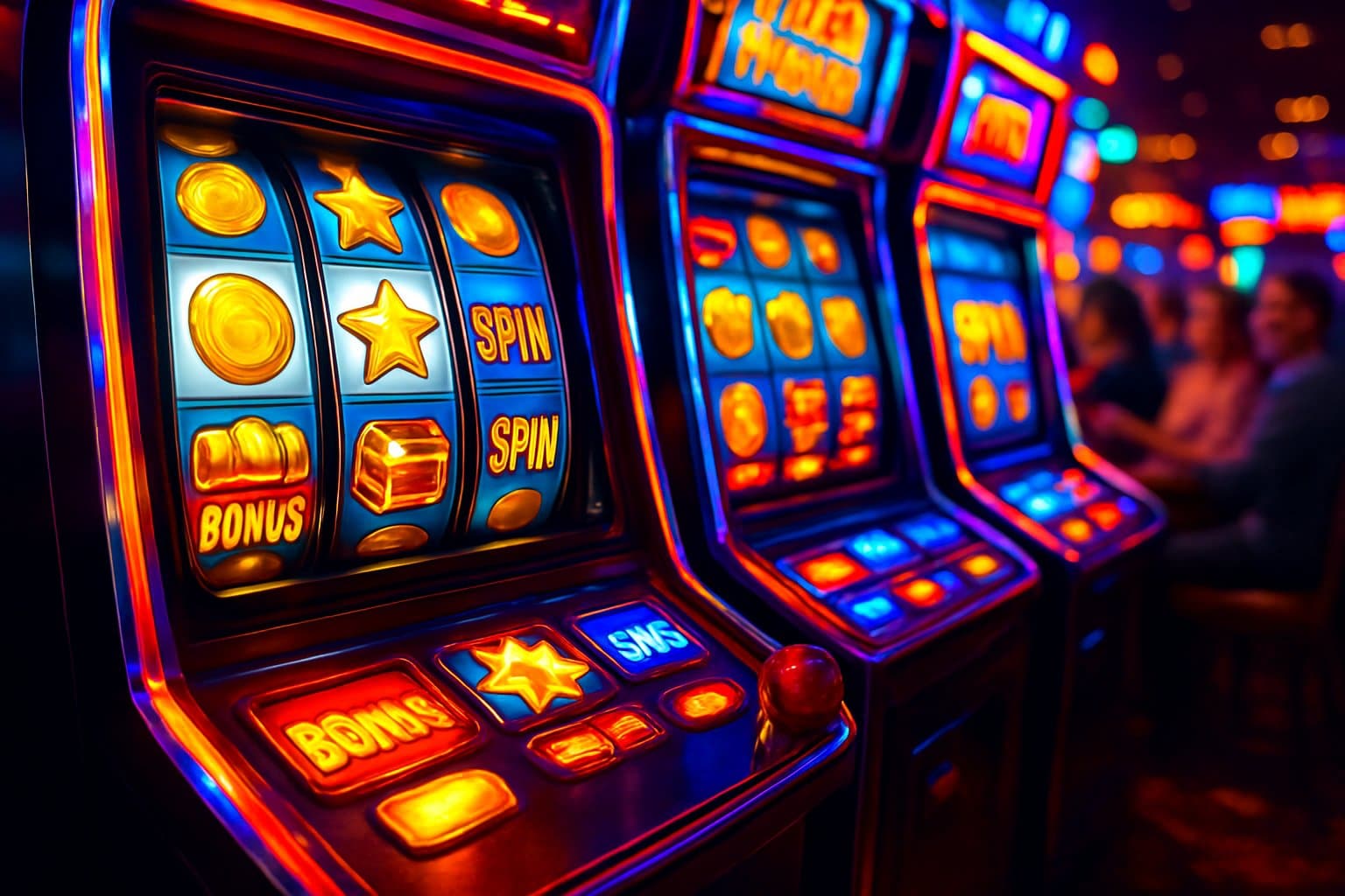 A casino floor with colorful slot machines showing winning combinations and bonus spin icons, with players in the background.
