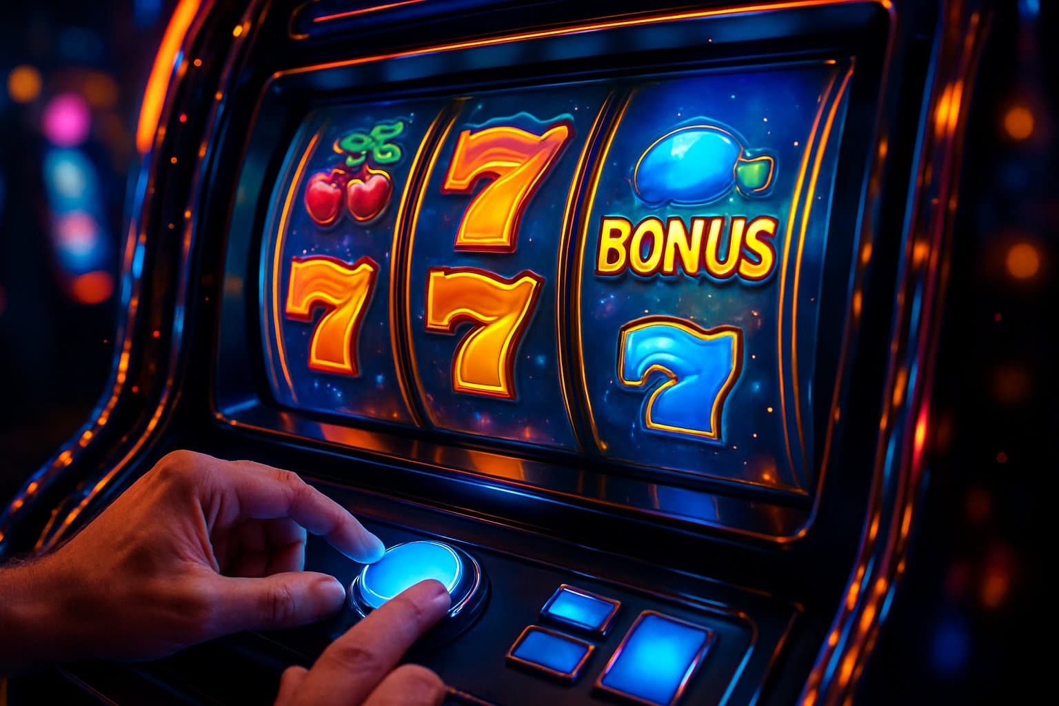 A person pressing the spin button on a colorful slot machine with spinning reels showing winning symbols and glowing lights.