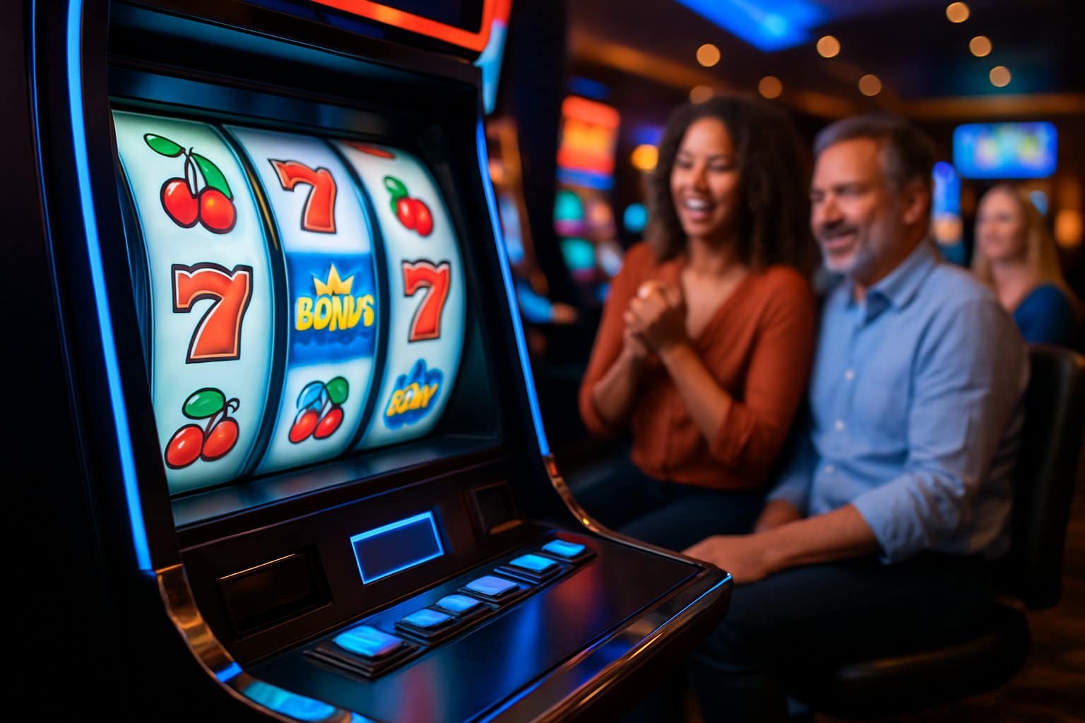 Close-up of a colorful slot machine with spinning reels and people enjoying a casino gaming area in the background.