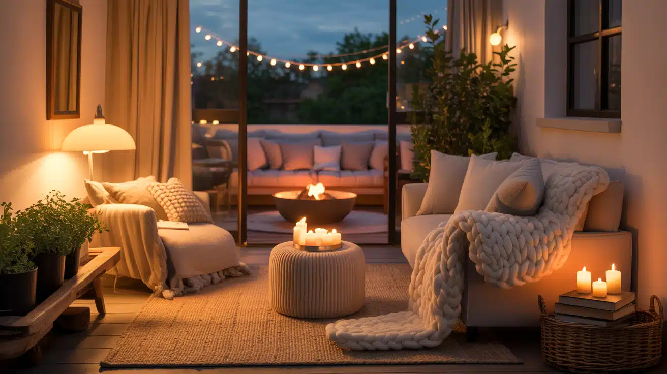 Cozy hygge living room with candles and soft light.