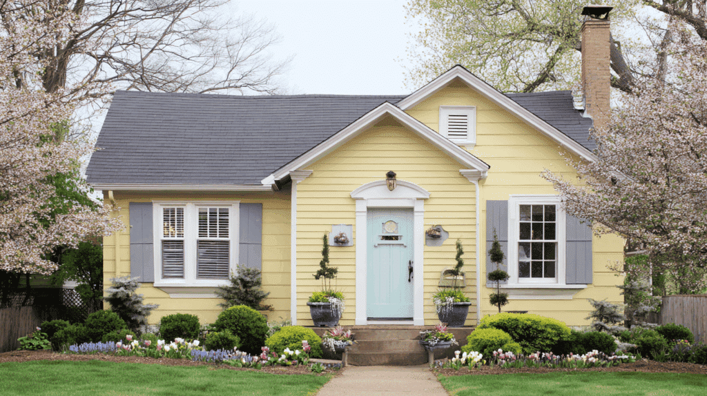 Charming cottage with soft yellow roof combination